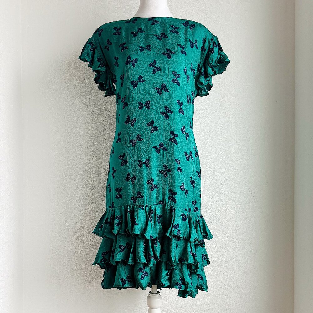 VINTAGE TEAL SILK DRESS WITH‎ BOW PRINT